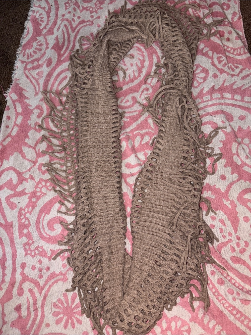 Fringed Knit Infinity Scarf in Taupe